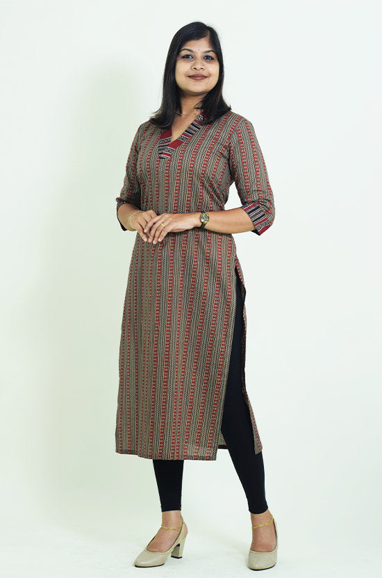 IYKA-Maroon High Collared Cotton Kurtha #010040