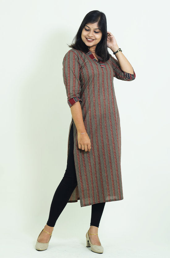 IYKA-Maroon High Collared Cotton Kurtha #010040