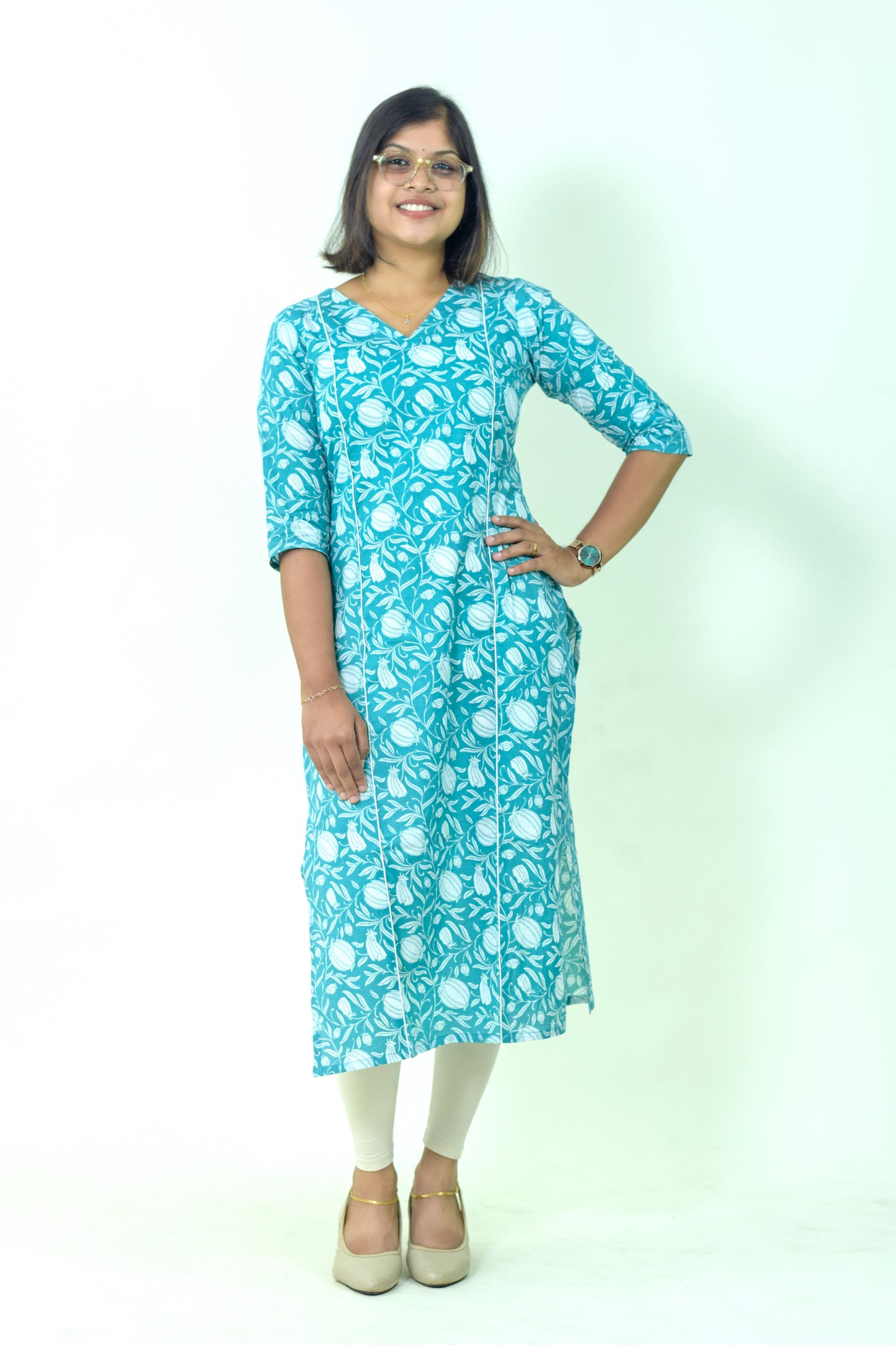 IYKA- Greenish Blue Floral Printed Cotton kurthi #00044KUR