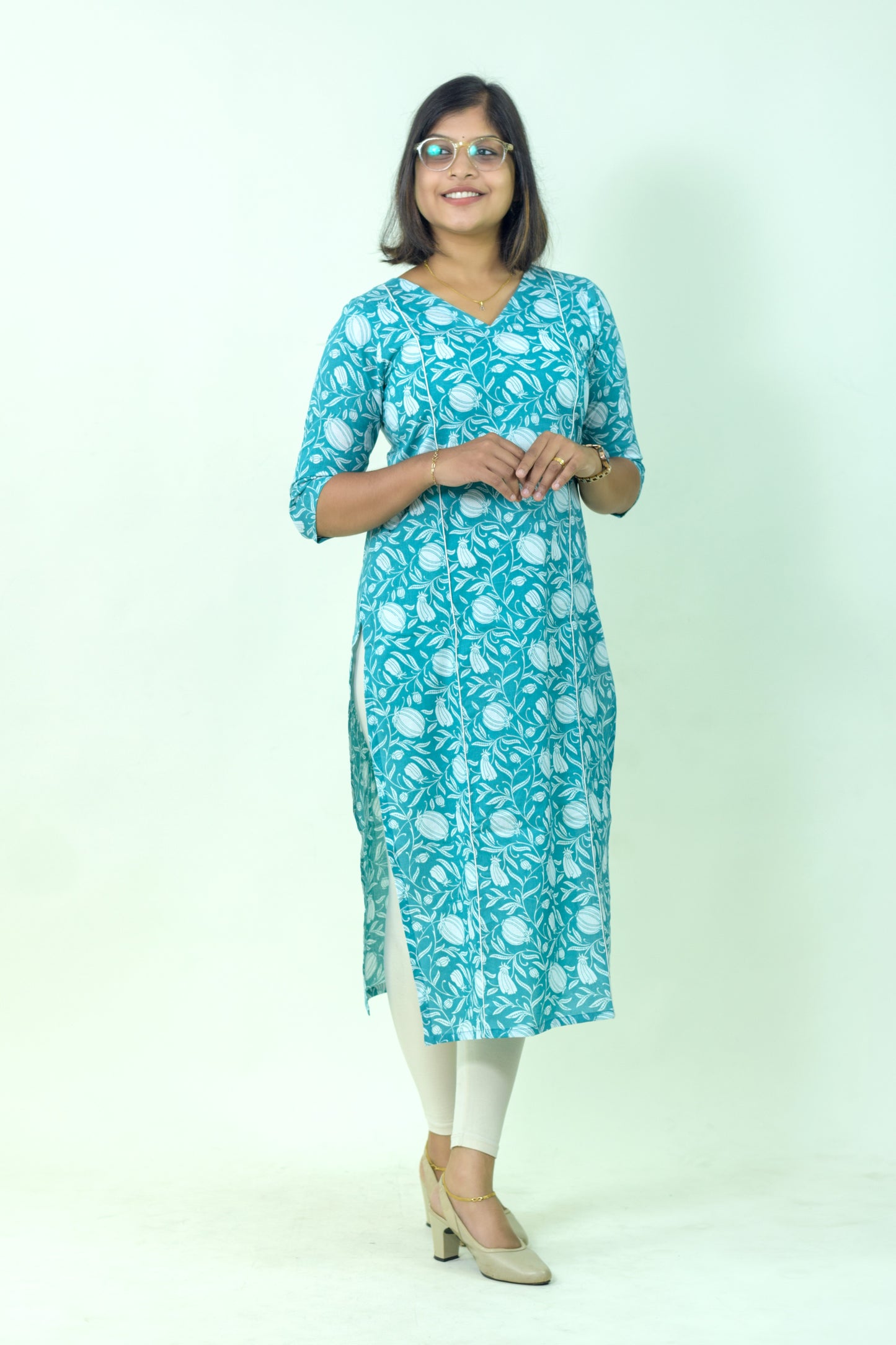 IYKA- Greenish Blue Floral Printed Cotton kurthi #00044KUR