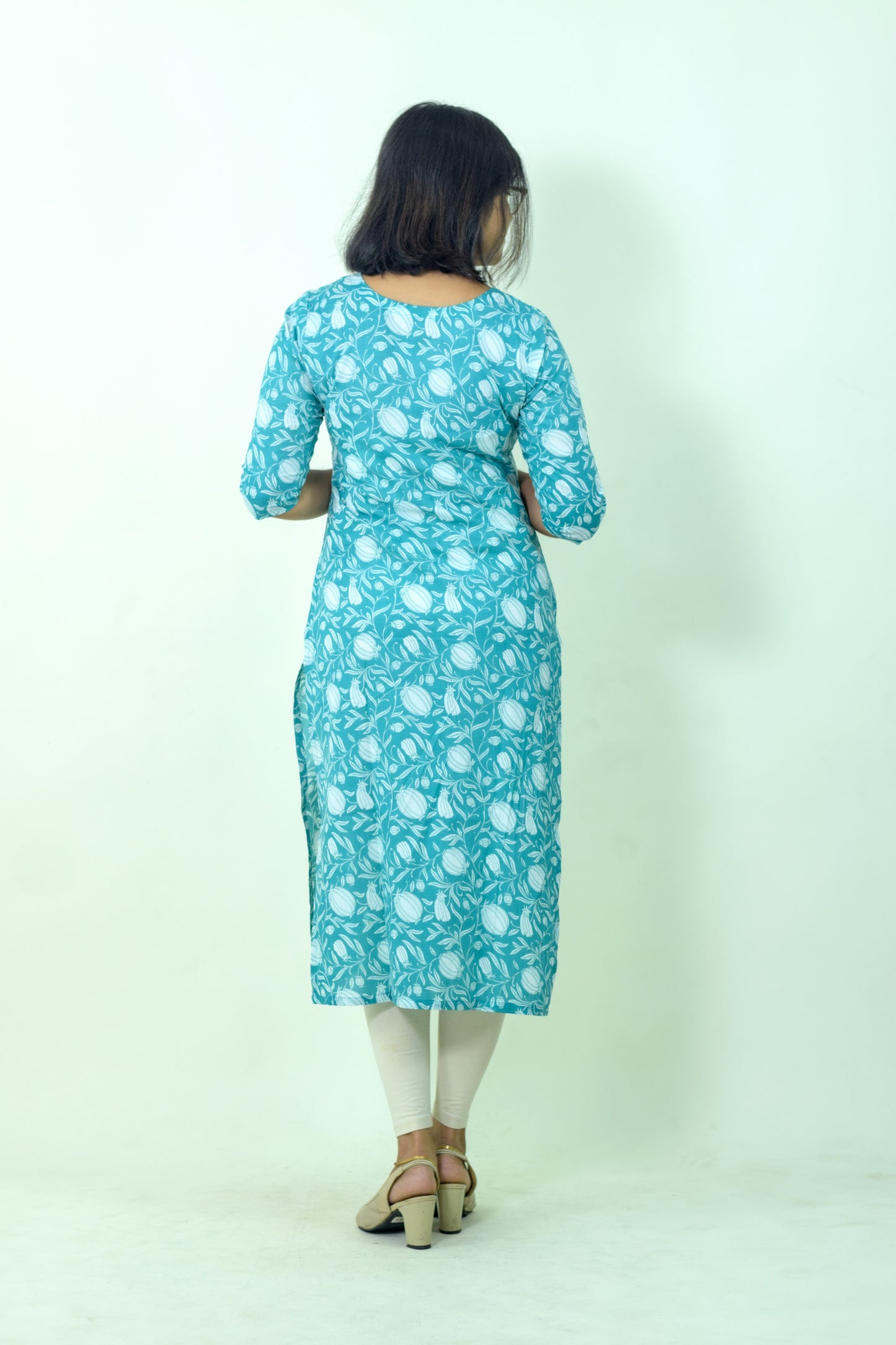 IYKA- Greenish Blue Floral Printed Cotton kurthi #00044KUR
