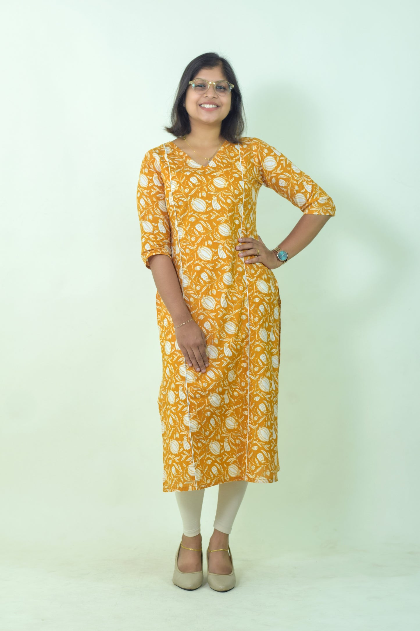 IYKA- Mustard Yellow Floral Printed Cotton kurthi #00045KUR