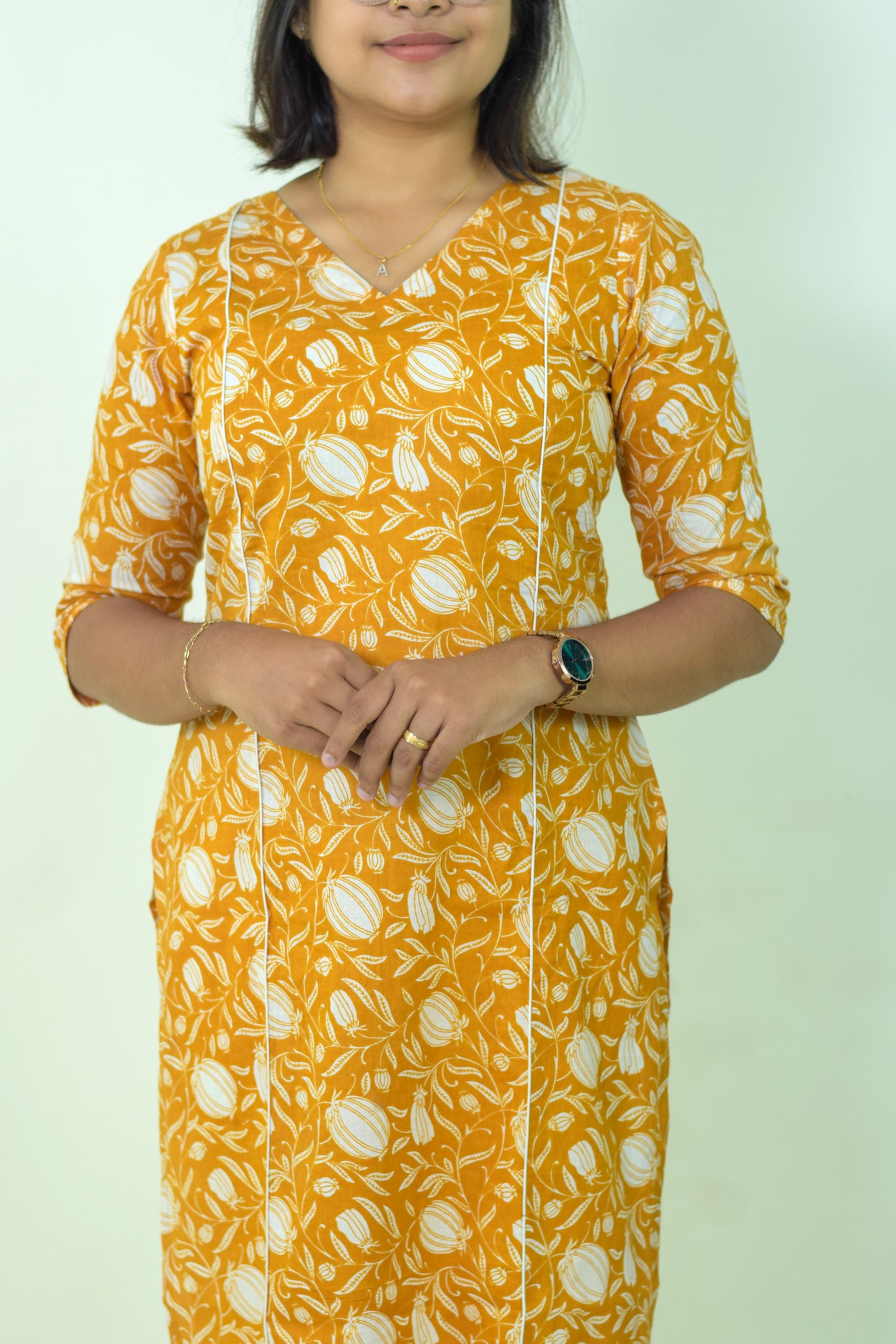 IYKA- Mustard Yellow Floral Printed Cotton kurthi #00045KUR