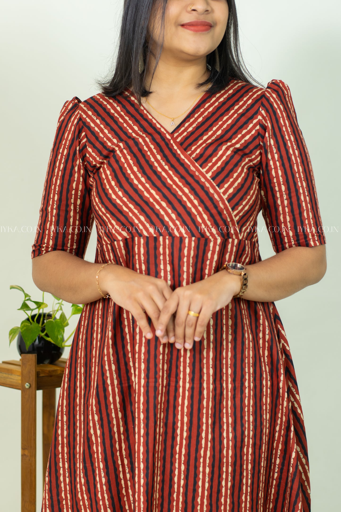 IYKA- BRICK RED STRIPED COTTON ALINE KURTHI #00239KUR