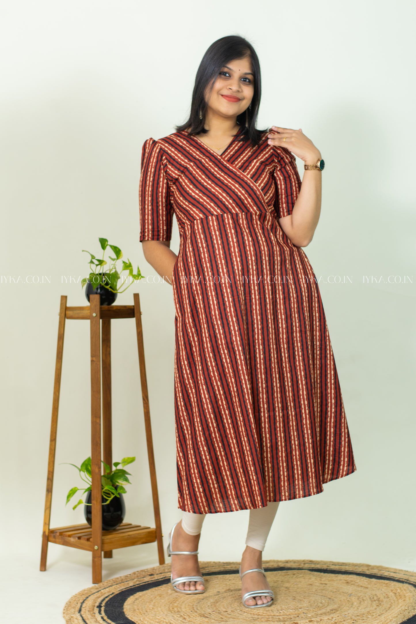 IYKA- BRICK RED STRIPED COTTON ALINE KURTHI #00239KUR