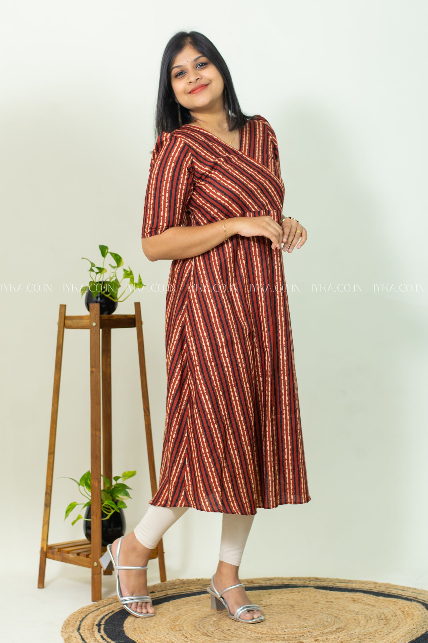 IYKA- BRICK RED STRIPED COTTON ALINE KURTHI #00239KUR