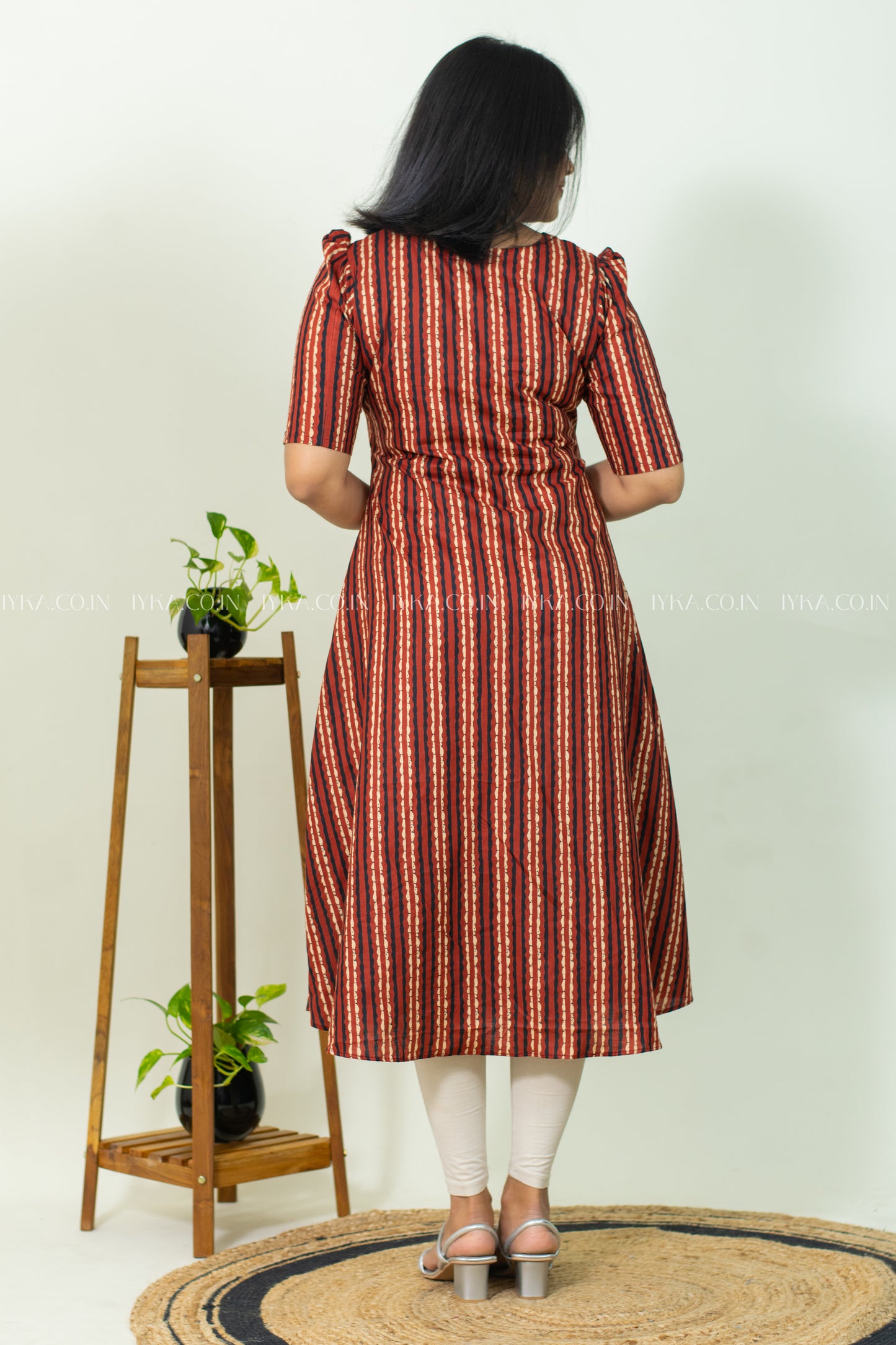 IYKA- BRICK RED STRIPED COTTON ALINE KURTHI #00239KUR