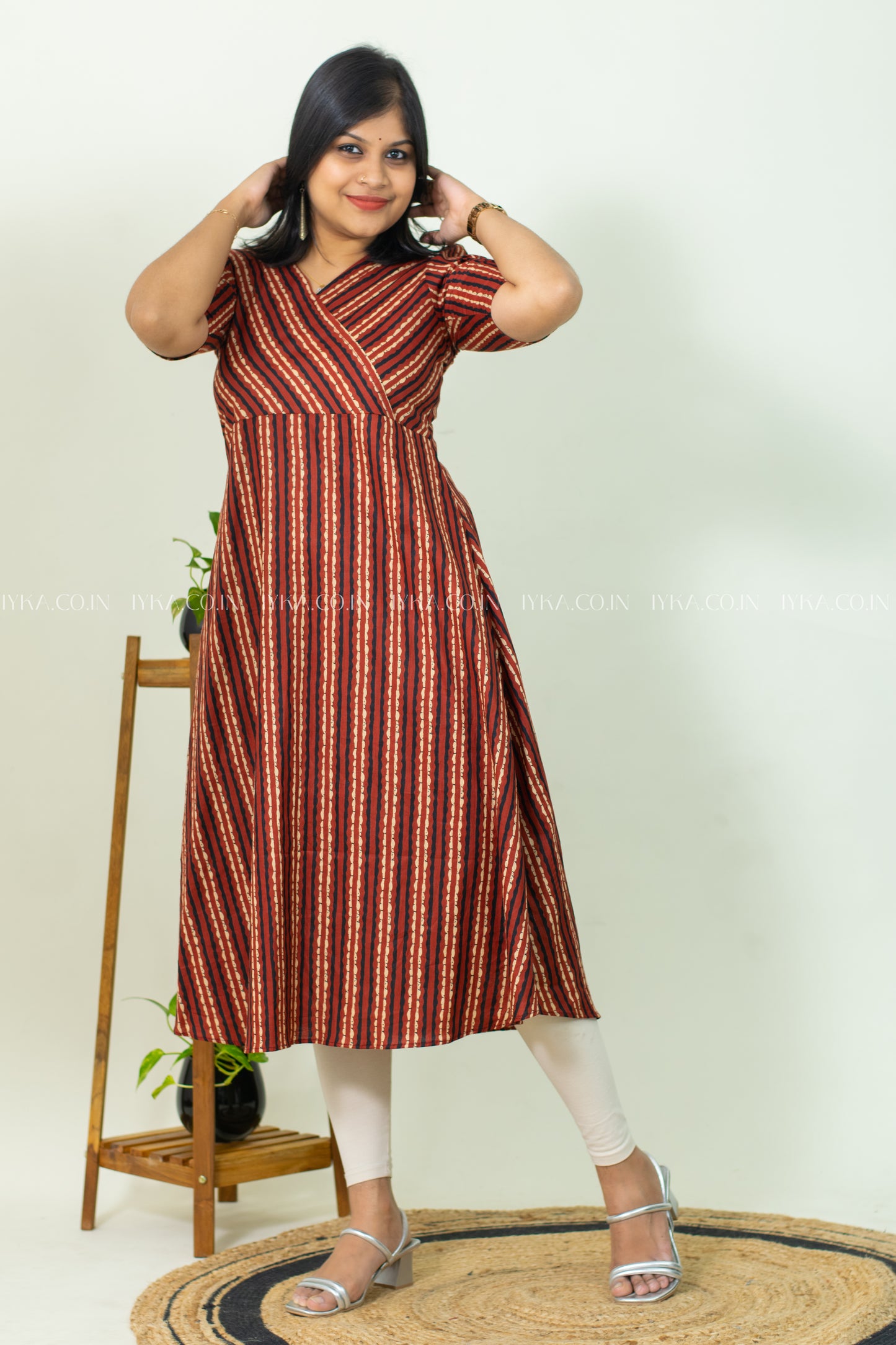 IYKA- BRICK RED STRIPED COTTON ALINE KURTHI #00239KUR