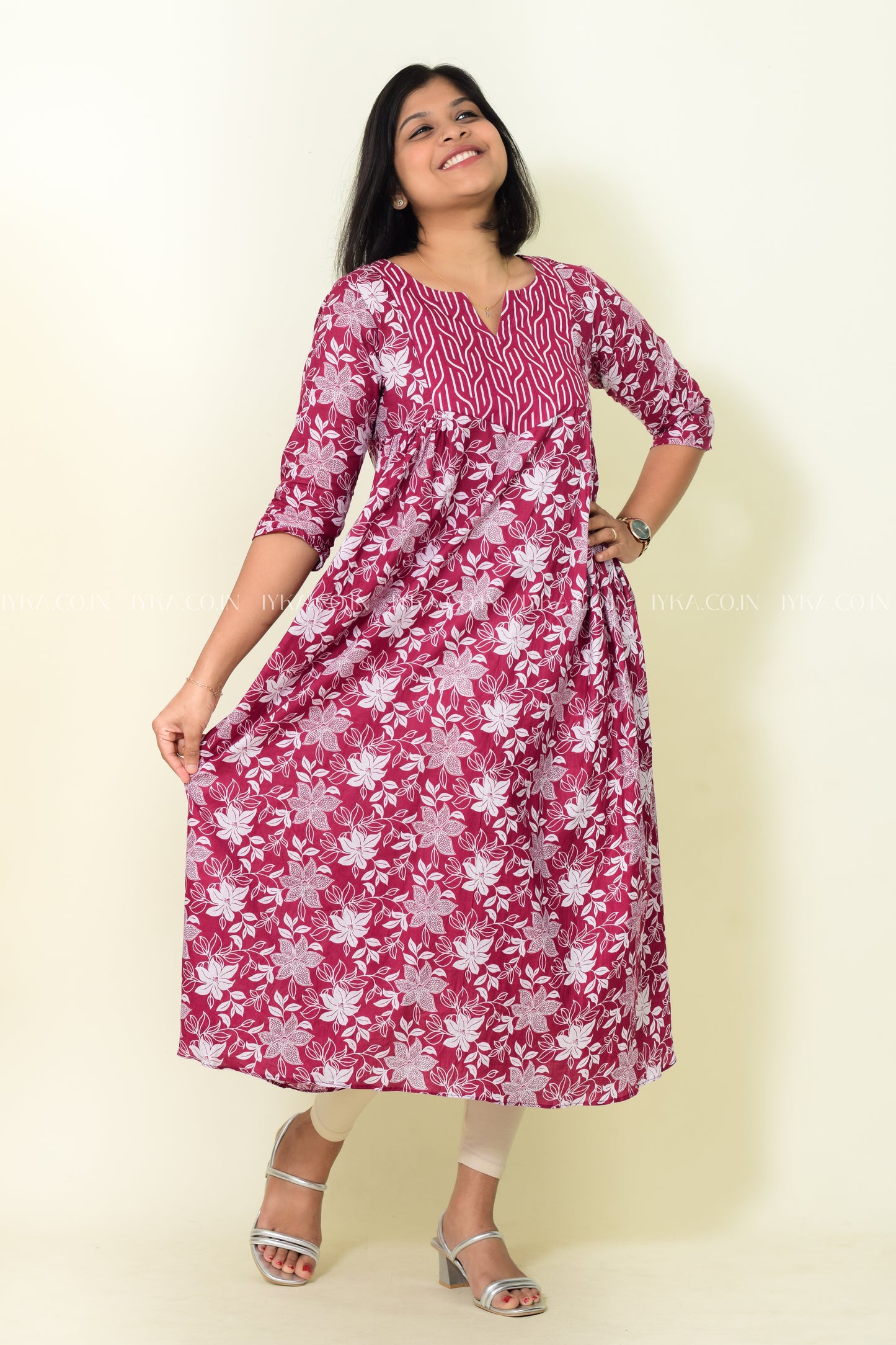 IYKA- GRAPE WINE COULORED FLORAL PRINTED A LINE KURTHI #00182KUR