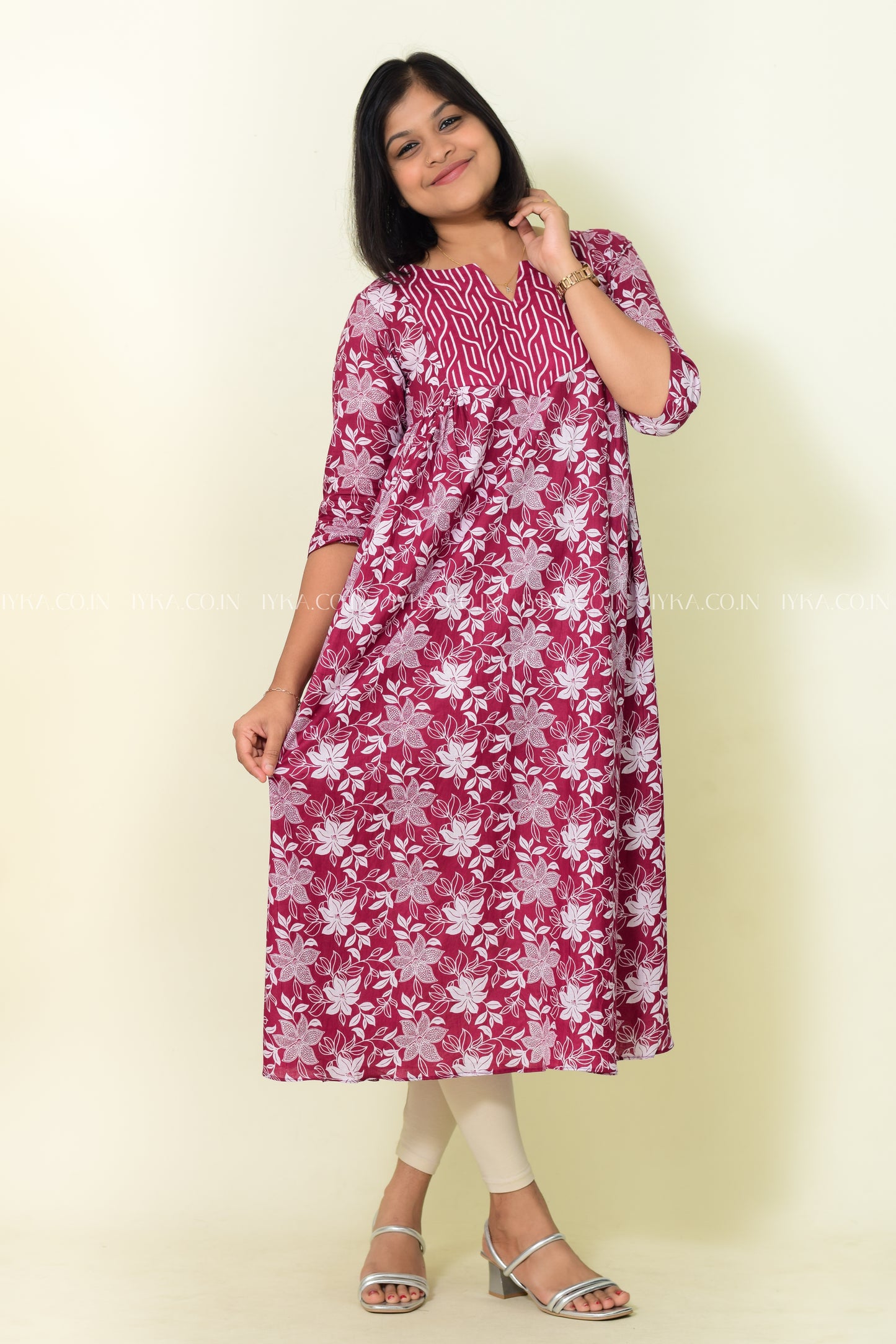 IYKA- GRAPE WINE COULORED FLORAL PRINTED A LINE KURTHI #00182KUR