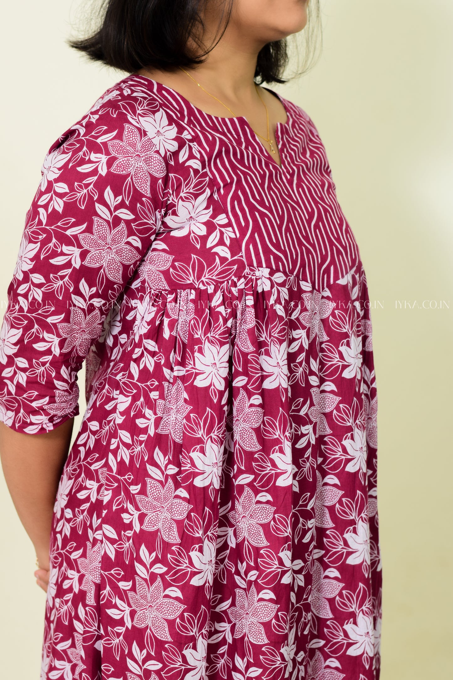 IYKA- GRAPE WINE COULORED FLORAL PRINTED A LINE KURTHI #00182KUR