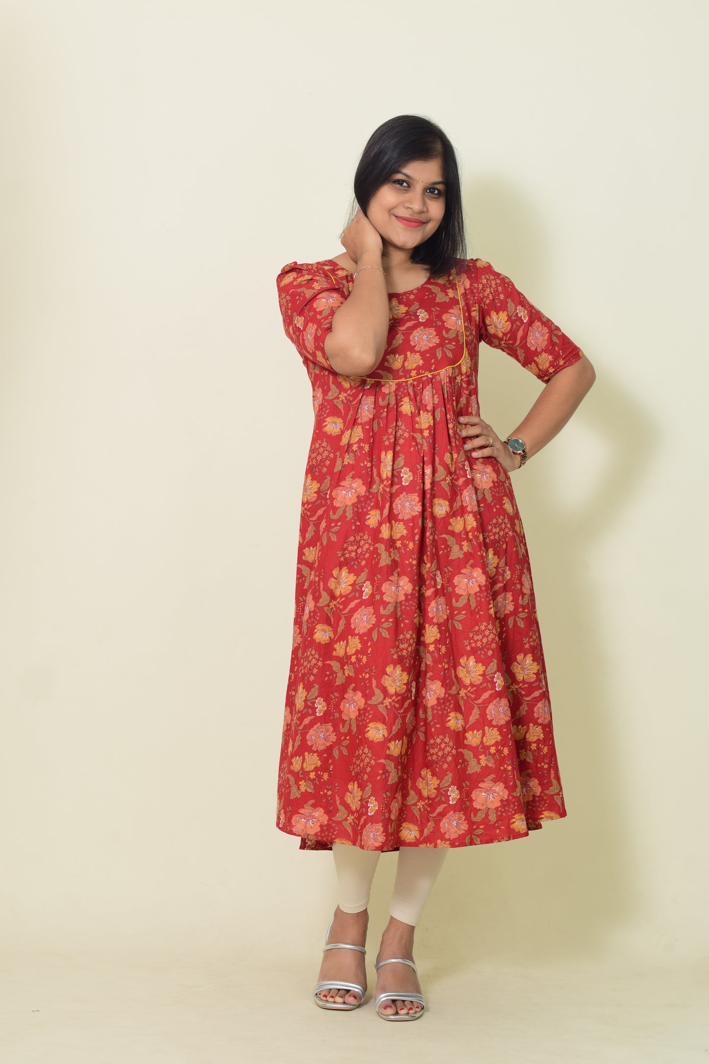 IYKA- RED COTTON ALINE KURTHI #00183KUR
