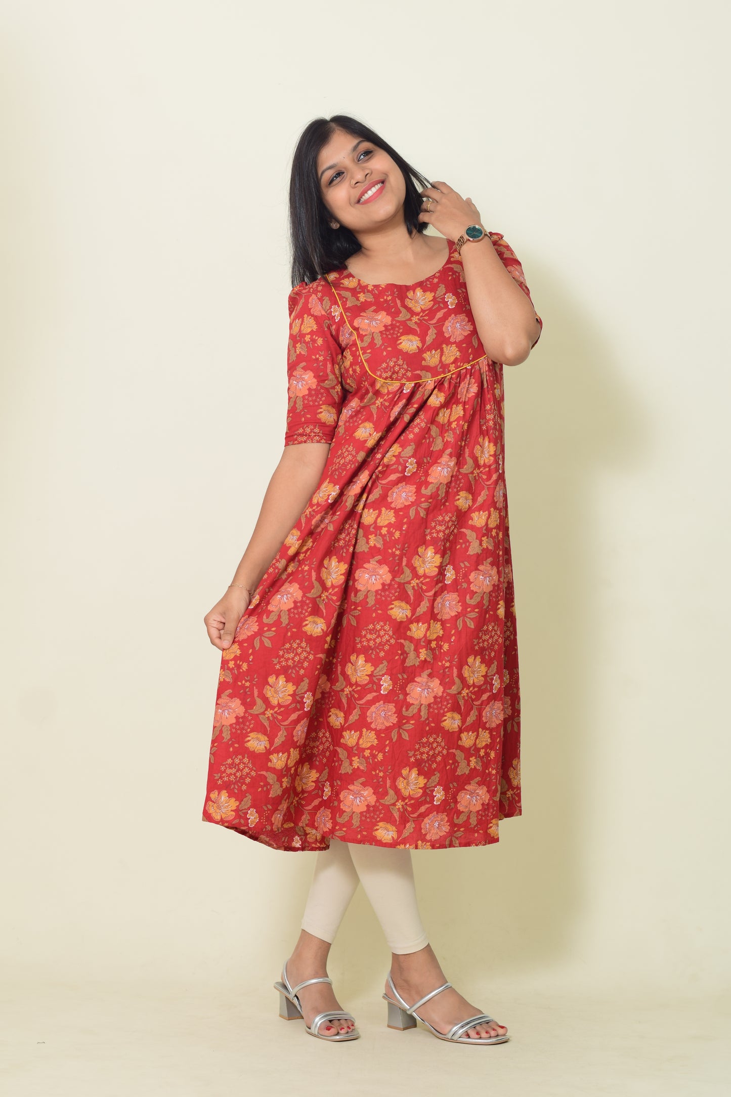 IYKA- RED COTTON ALINE KURTHI #00183KUR