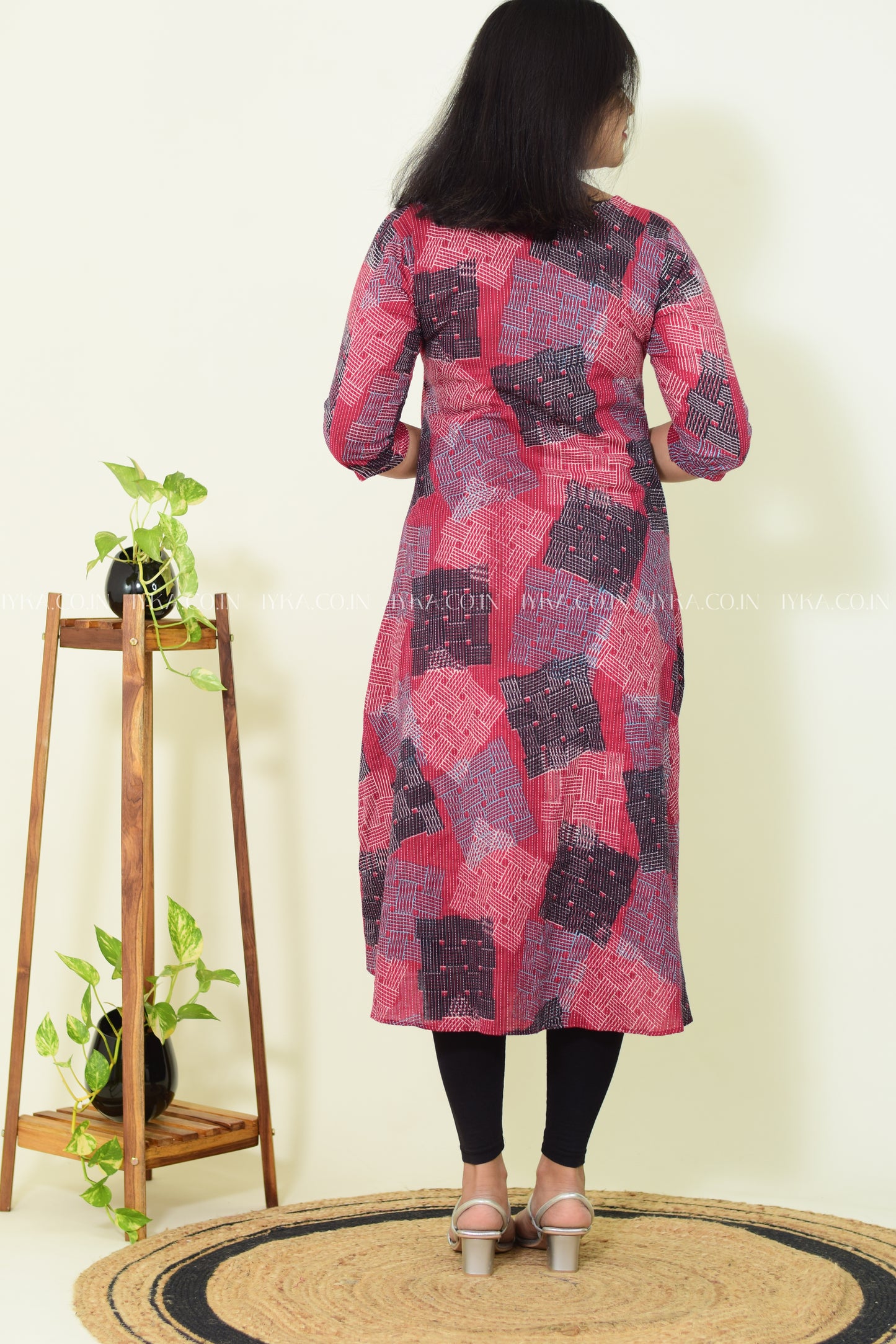 IYKA- RED AND BLACK KATHA COTTON ALINE KURTHI#00262KUR