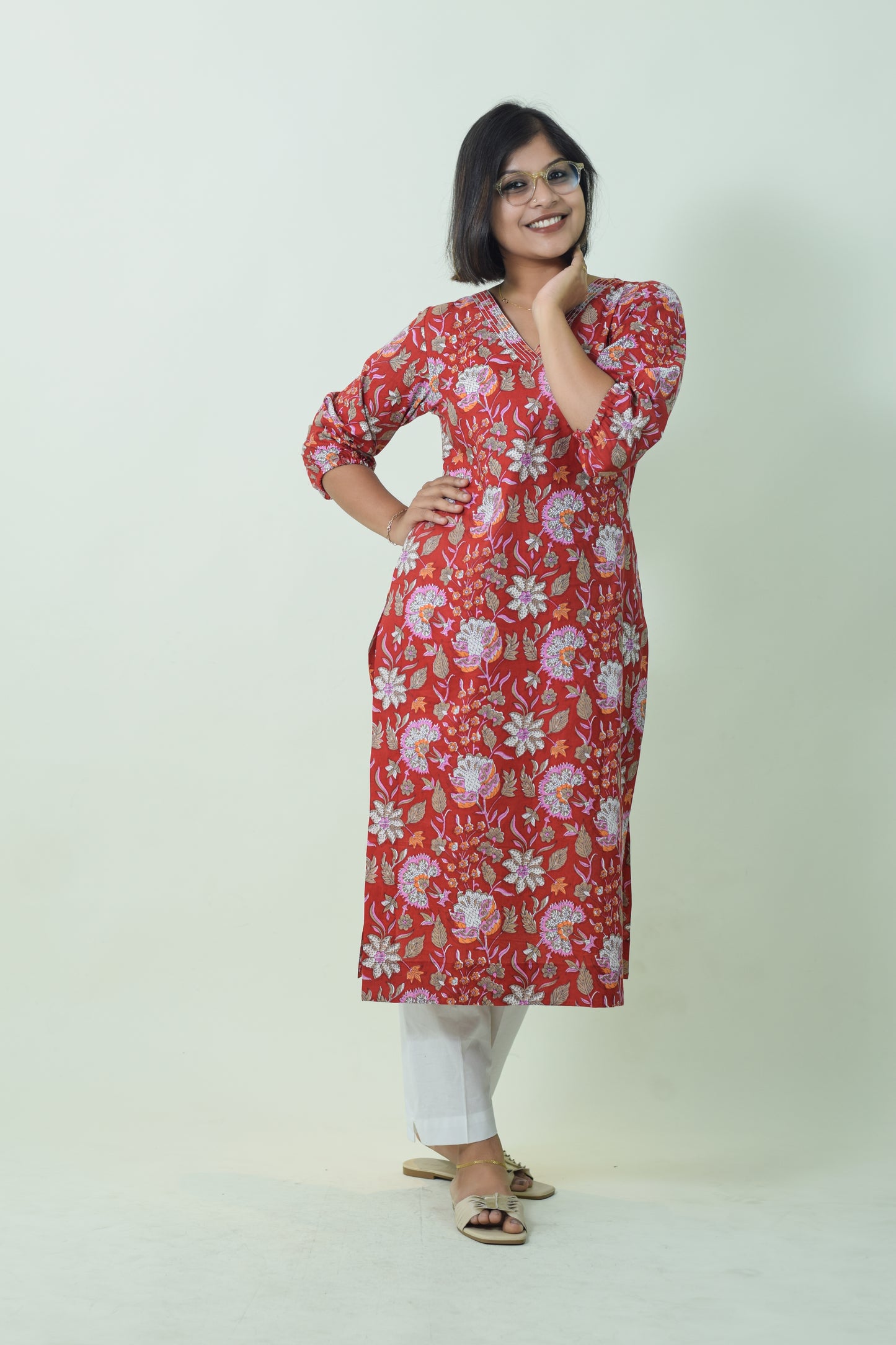 IYKA-RED FLORAL PRINTED COTTON KURTHA #00014KUR