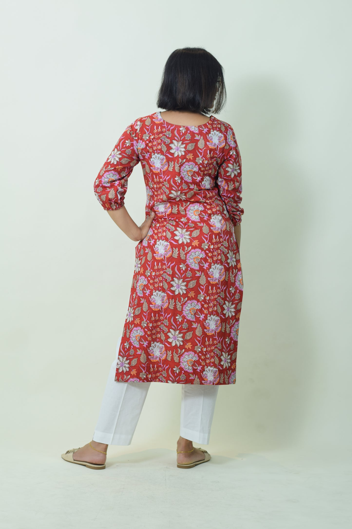 IYKA-RED FLORAL PRINTED COTTON KURTHA #00014KUR