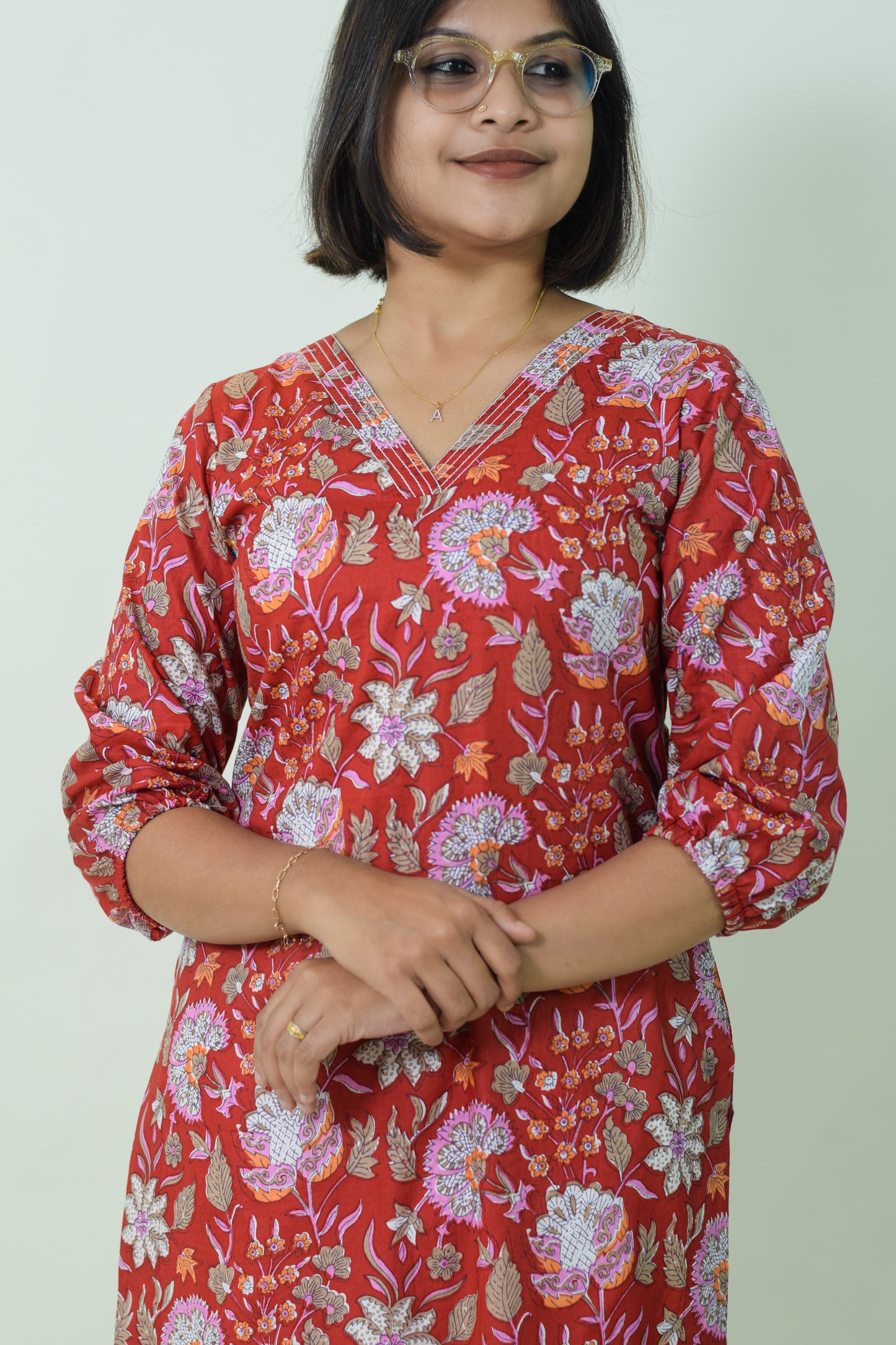IYKA-RED FLORAL PRINTED COTTON KURTHA #00014KUR