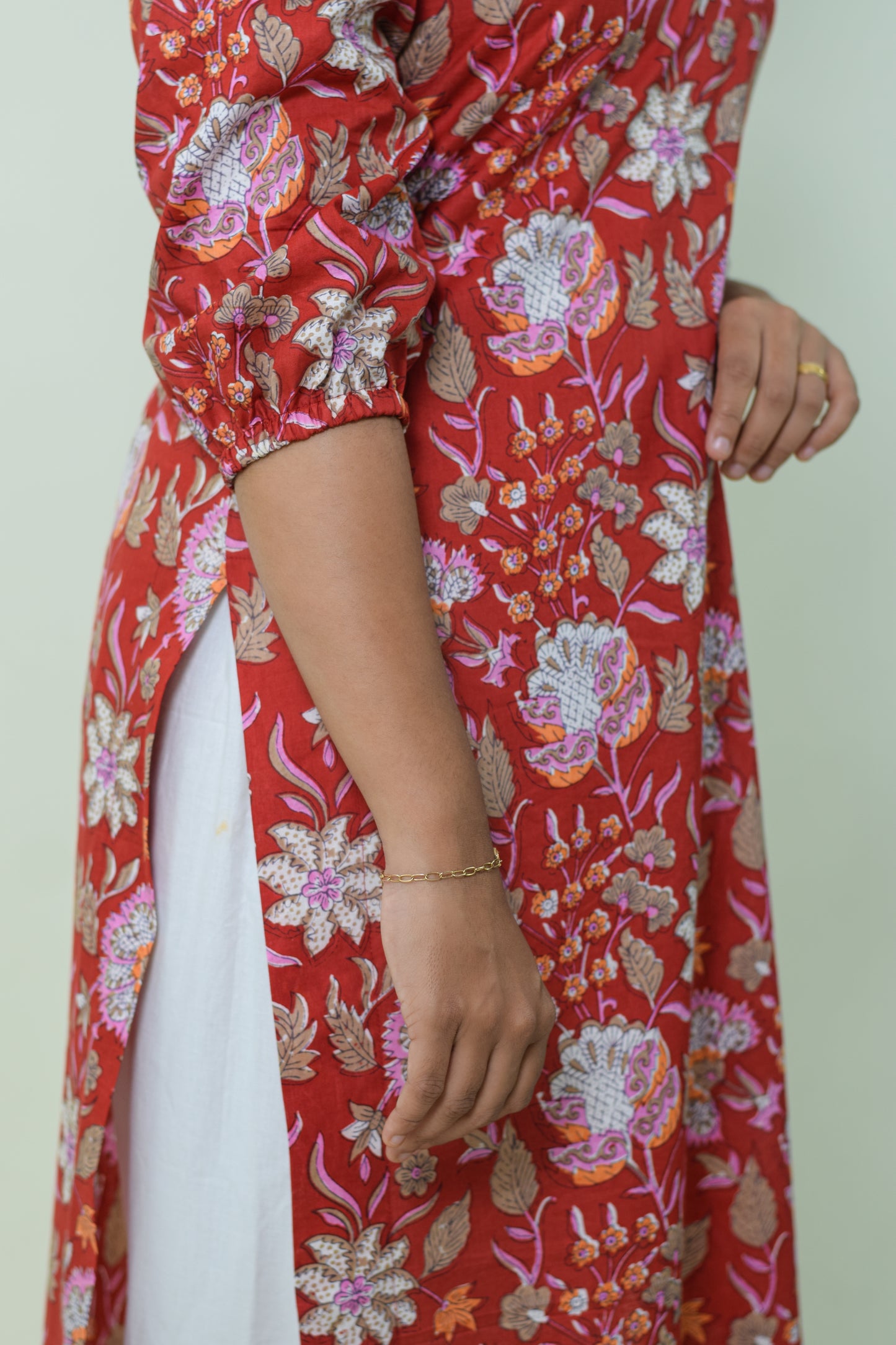 IYKA-RED FLORAL PRINTED COTTON KURTHA #00014KUR
