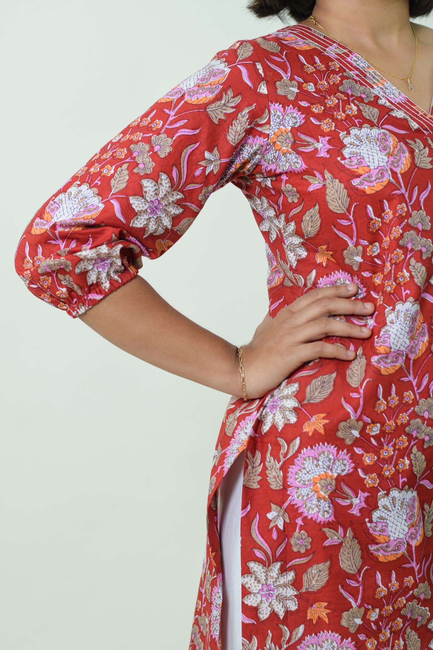 IYKA-RED FLORAL PRINTED COTTON KURTHA #00014KUR