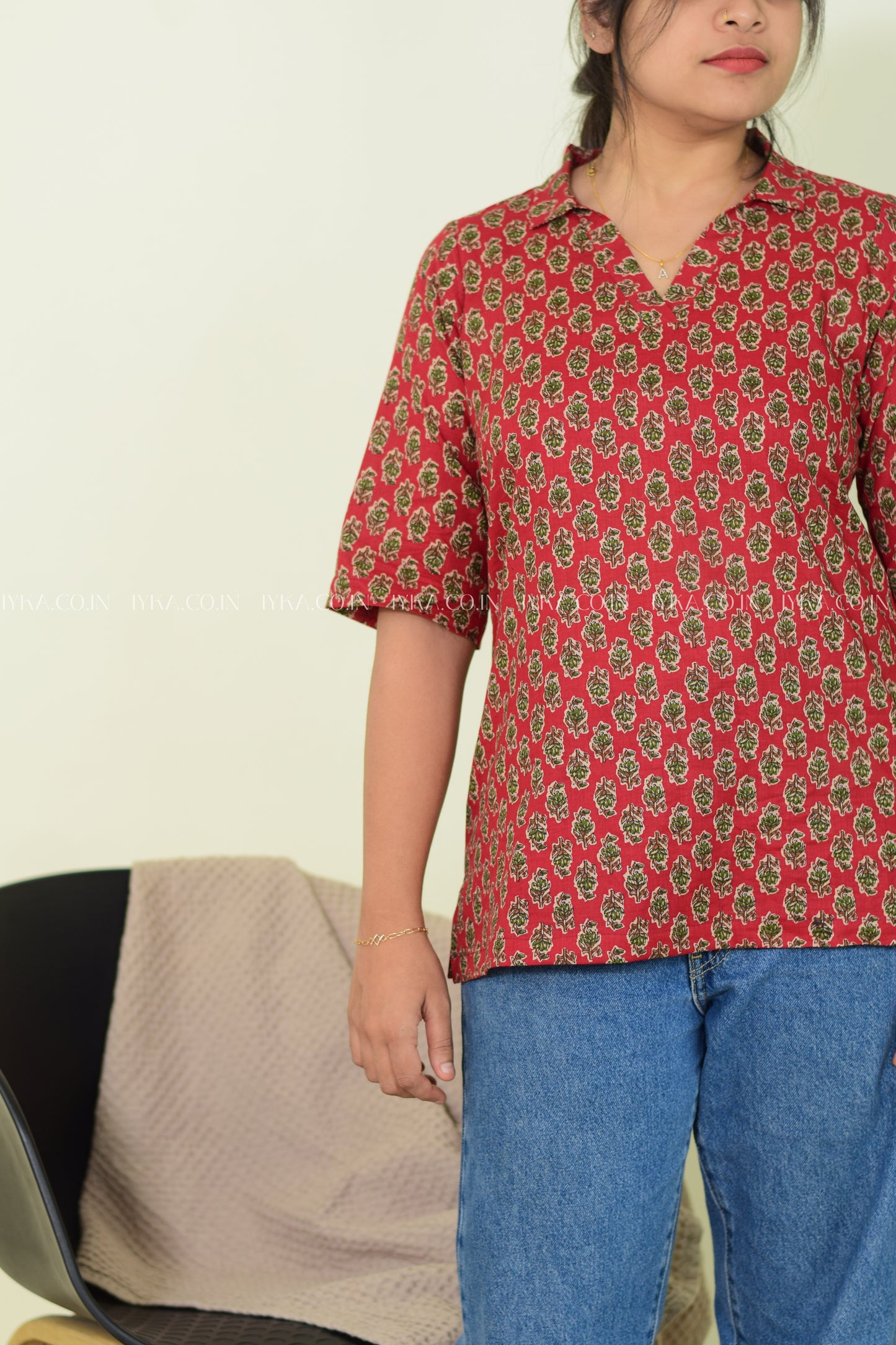 IYKA- RED COTTON SHIRT KURTHI #00271KUR