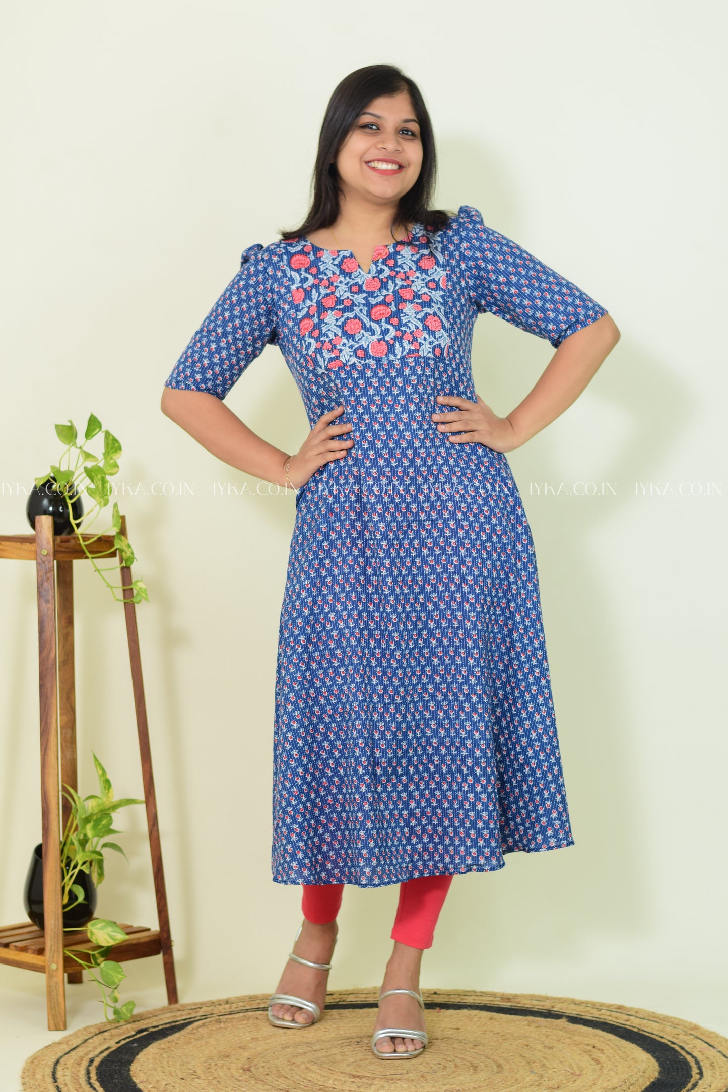 Blue Blossom – Cotton A-line Kurthi
