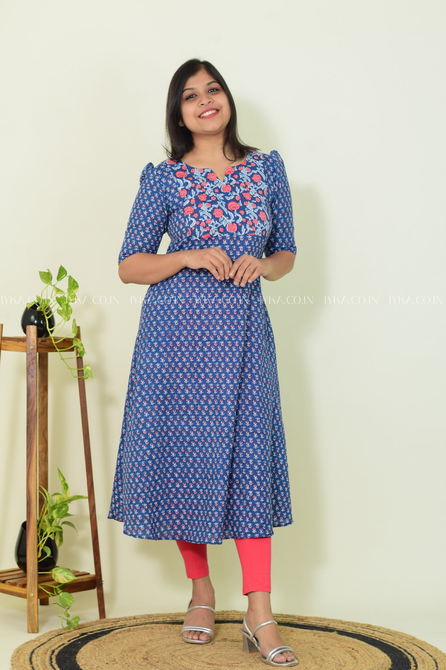 Blue Blossom – Cotton A-line Kurthi