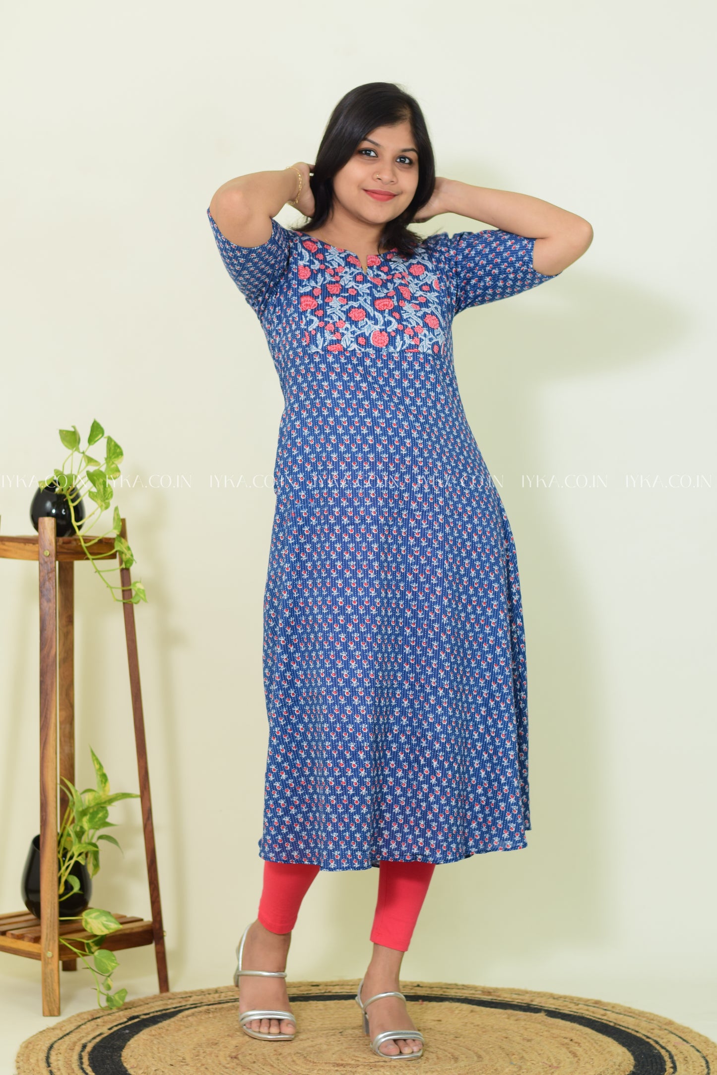 Blue Blossom – Cotton A-line Kurthi