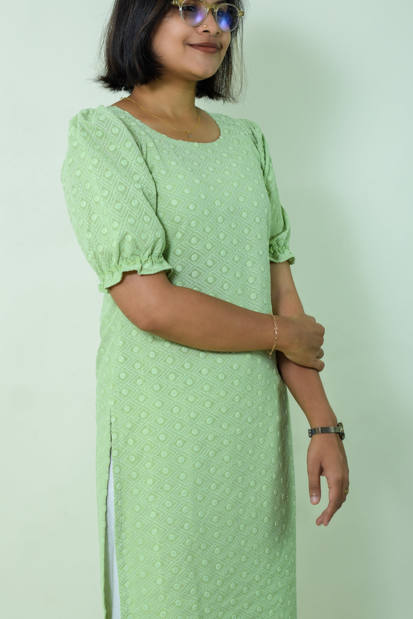 IYKA- EMBROIDERED COTTON PISTA GREEN KURTHA #00017KUR