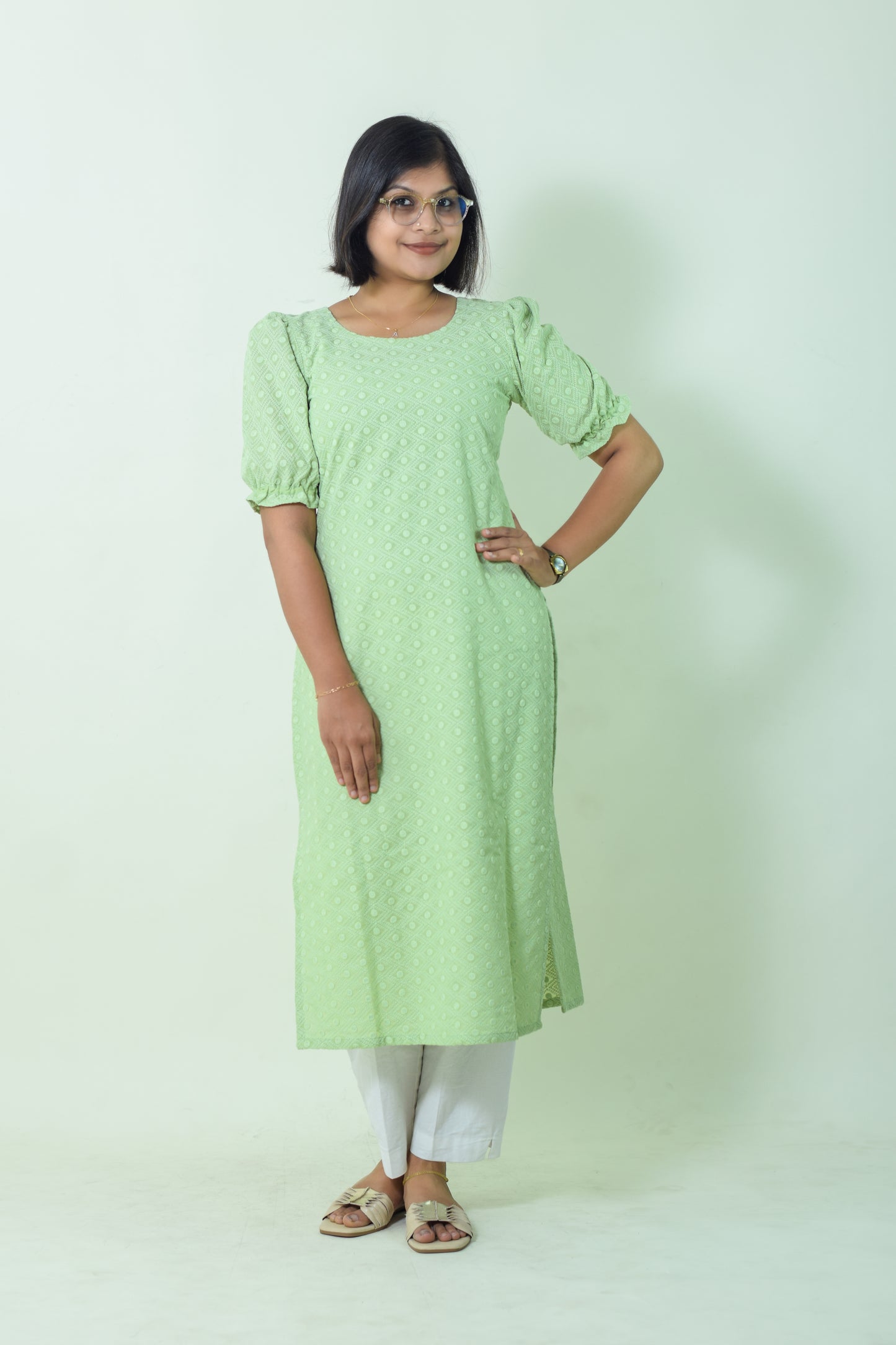 IYKA- EMBROIDERED COTTON PISTA GREEN KURTHA #00017KUR