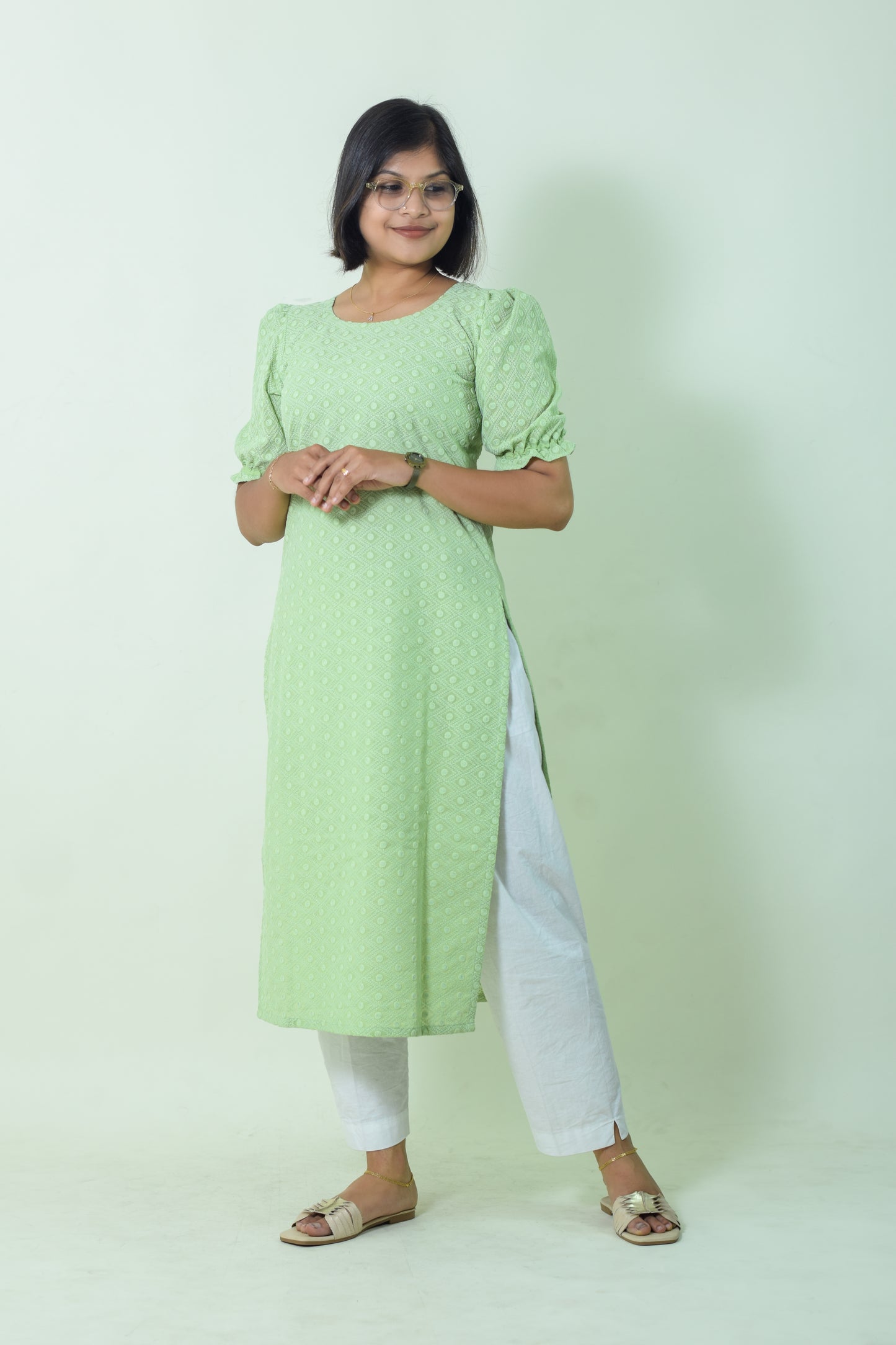 IYKA- EMBROIDERED COTTON PISTA GREEN KURTHA #00017KUR