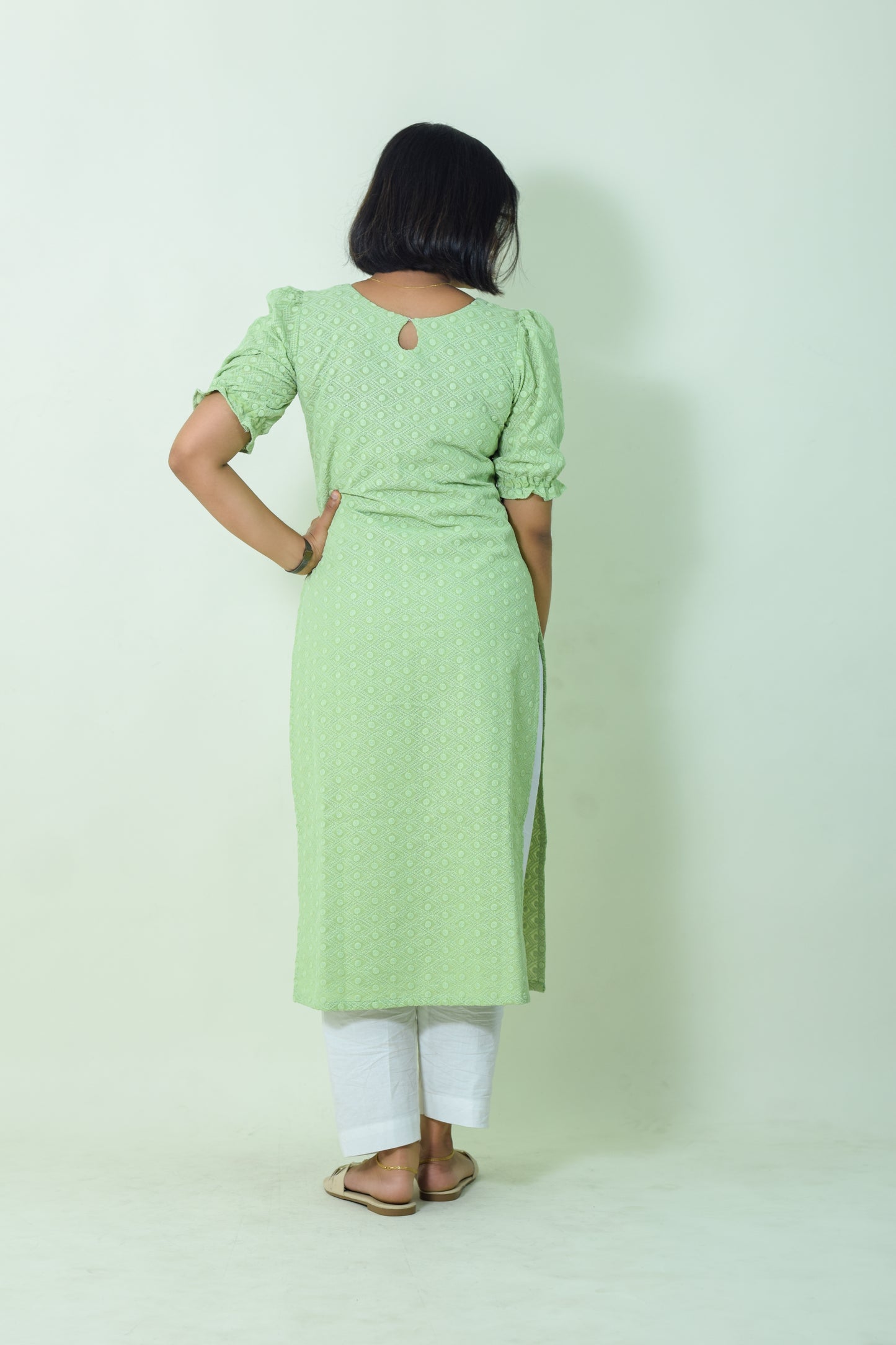 IYKA- EMBROIDERED COTTON PISTA GREEN KURTHA #00017KUR