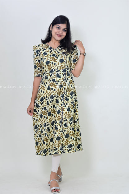 IYKA- BUTTER YELLOW FLORAL PRINTED ALINE KURTHI#00139KUR