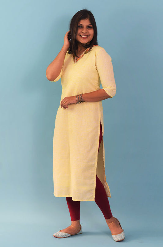 IYKA - Yellow linen handworked Kurthi #010030