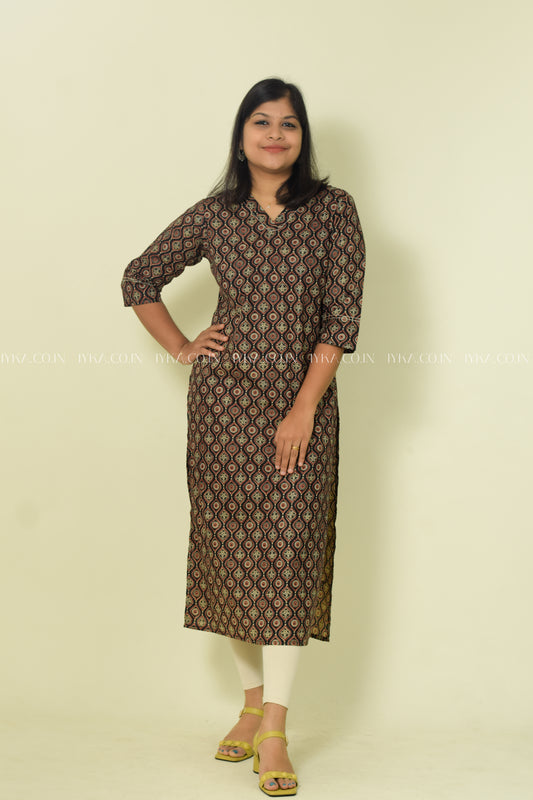 IYKA- BLACK AJRAKH PRINTED STRAIGH CUT KURTHI #00085KUR