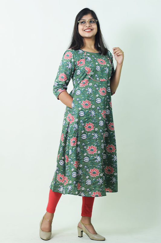 IYKA - Floral Printed Green Designer Kurthi #010081