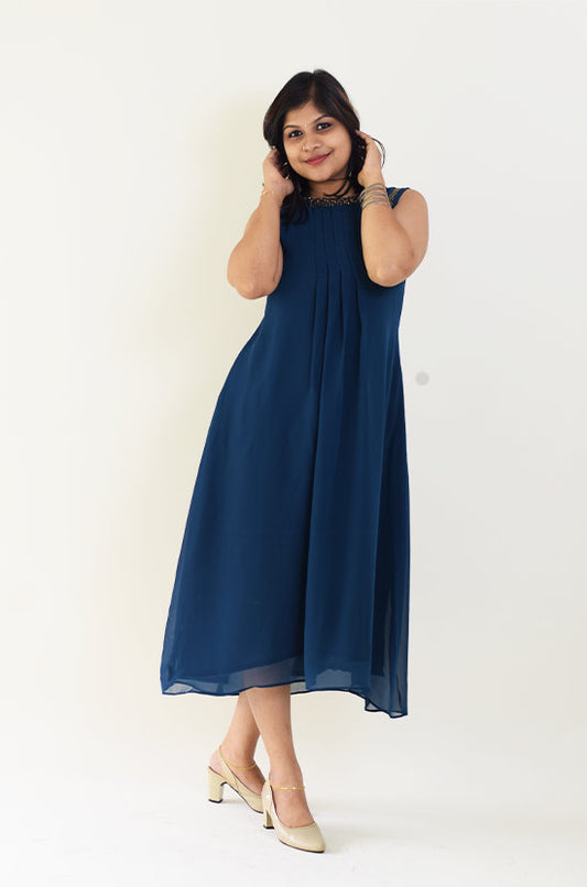 IYKA – Blue Dress Handworked with Golden beads  #030019