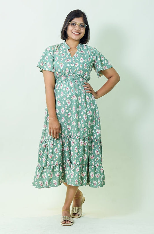 IYKA - Green Dress with White Floral Design #00016DRE