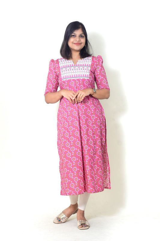 IYKA- PINK FLORAL PRINTED SLITTED KURTHI #00070KUR