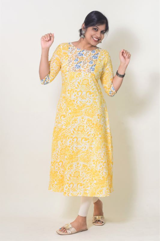 IYKA- YELLOW COTTON ALINE KURTHI#00077KUR