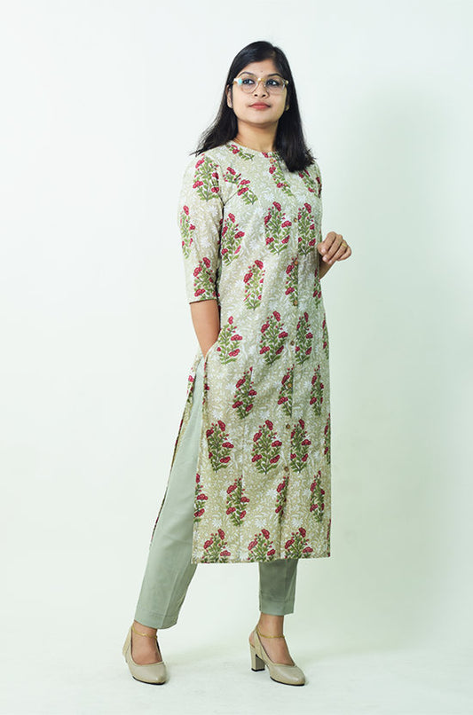 IYKA - Green Floral Kurthi Set (With Pants) #00007KUR