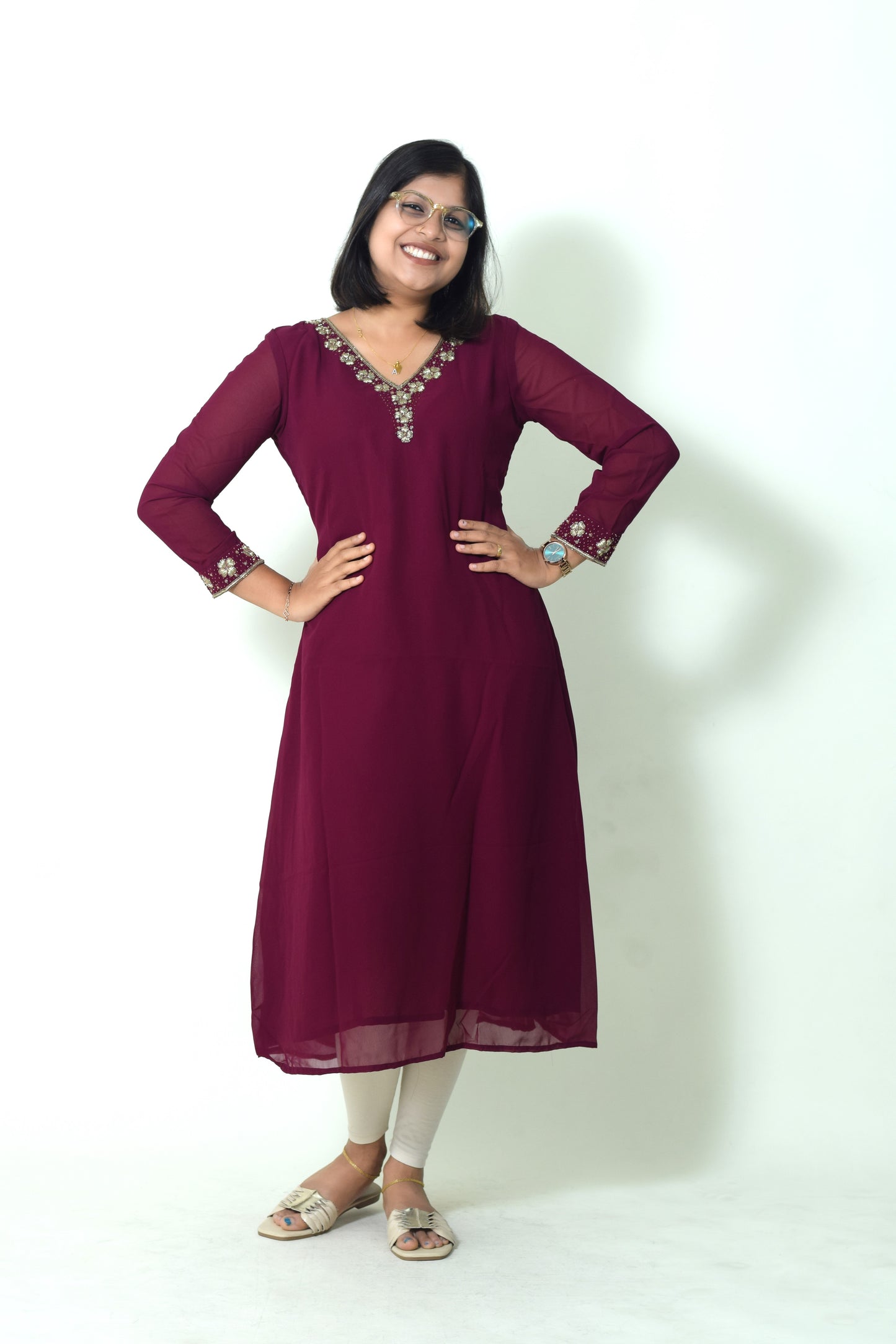 IYKA- HANDWORKED MAGENTHA GEORGETTE A-LINE KURTHI #010020