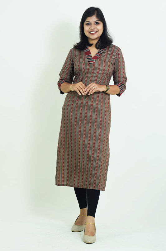 IYKA-Maroon High Collared Cotton Kurtha #010040