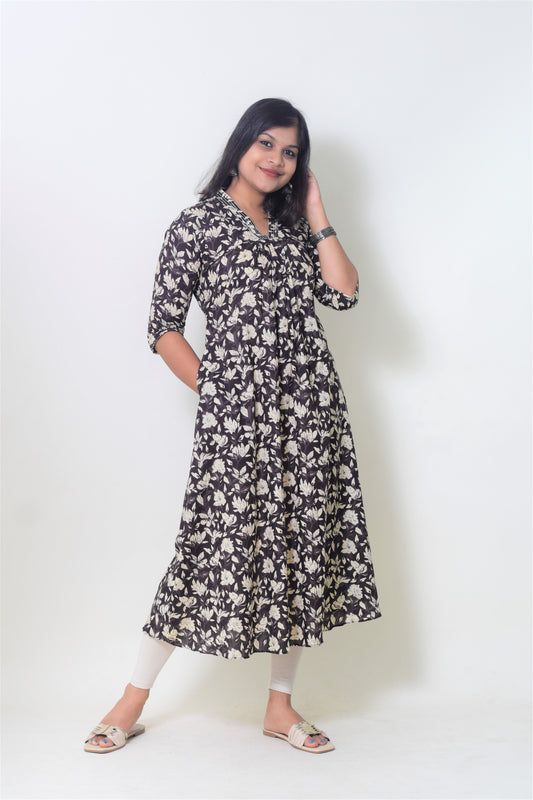 IYKA-BROWN FLORAL PRINTED ALINE KURTHI #00075KUR