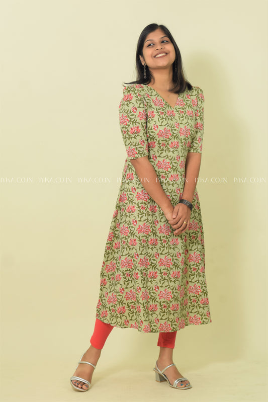 IYKA- PISTHA GREEN FLORAL PRINTED ALINE KURTHI #00094KUR