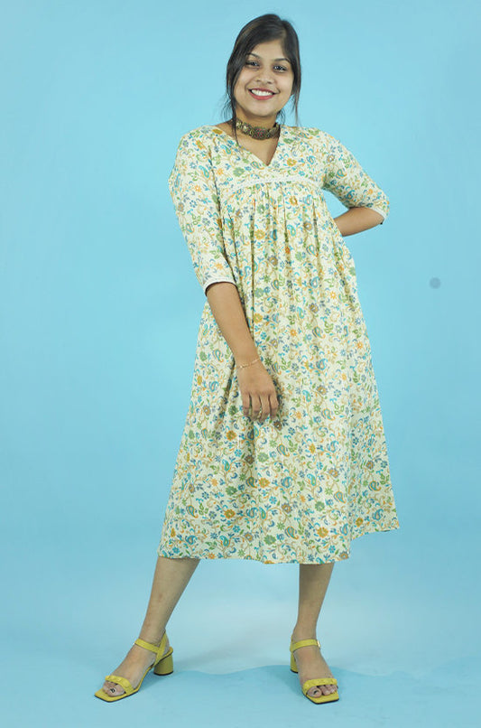 IYKA – Cream Floral Printed Alliya Cut Dress with lace detailing  #030025