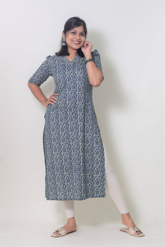 IYKA- COTTON INDIGO BLUE STRAIGHT CUT KURTHI #00078KUR