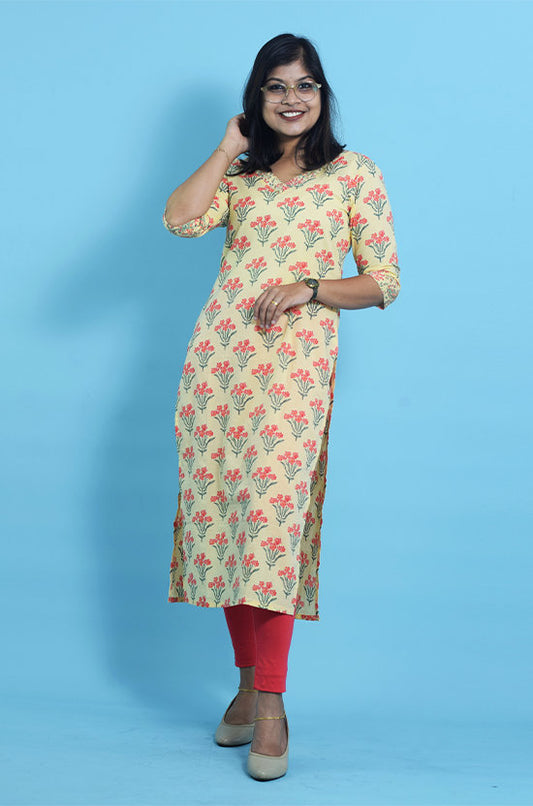 IYKA-Yellow floral printed kurthi #010074