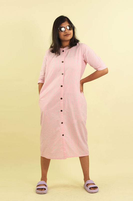 IYKA – Pink Cotton Check Dress #030030