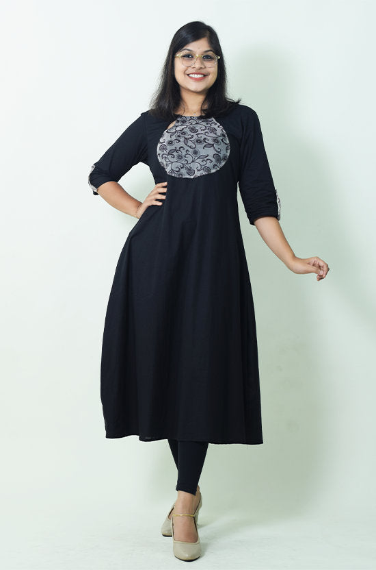 IYKA - Black Solid Kurthi with Organza Floral Yoke Portion #010082