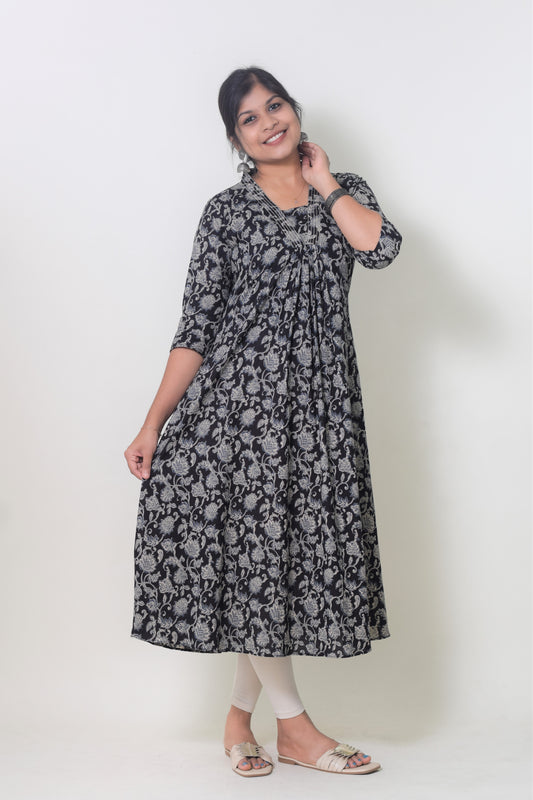 IYKA-BLACK FLORAL PRINTED ALINE KURTHI #00076KUR